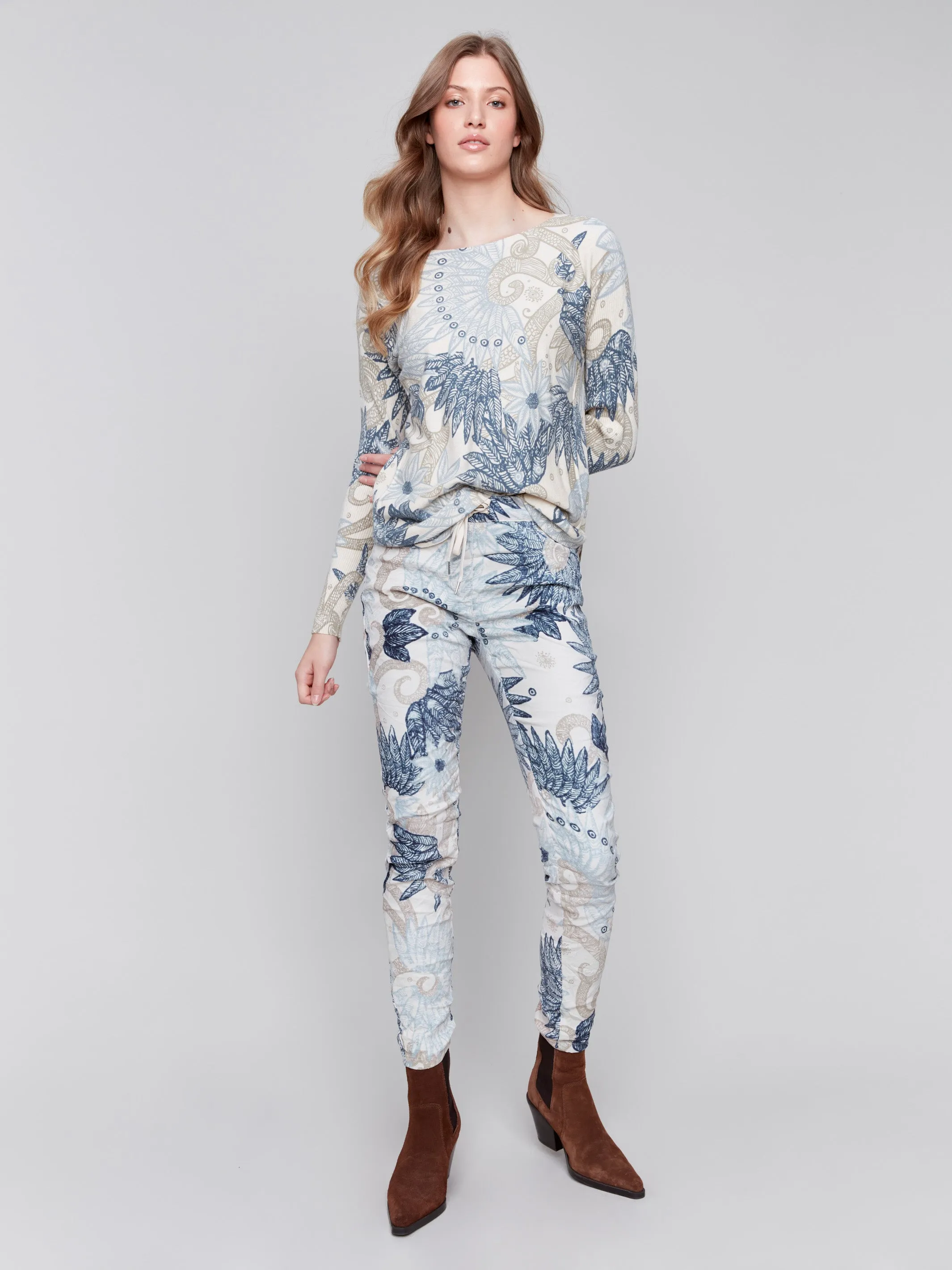 Printed Plush Knit Sweater - Feather