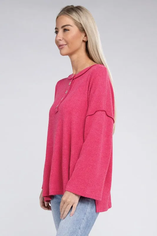 Ribbed Brushed Melange Hacci Henley Sweater