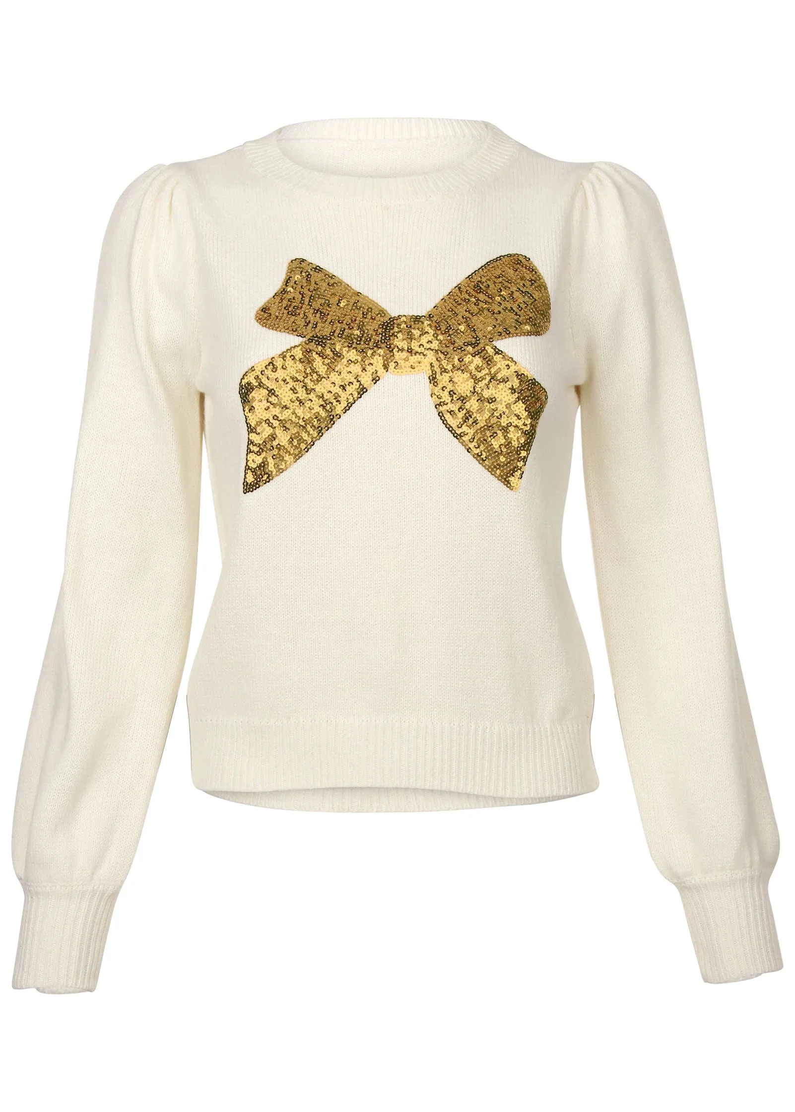 Sequin Puff-Sleeve Sweater - Off White