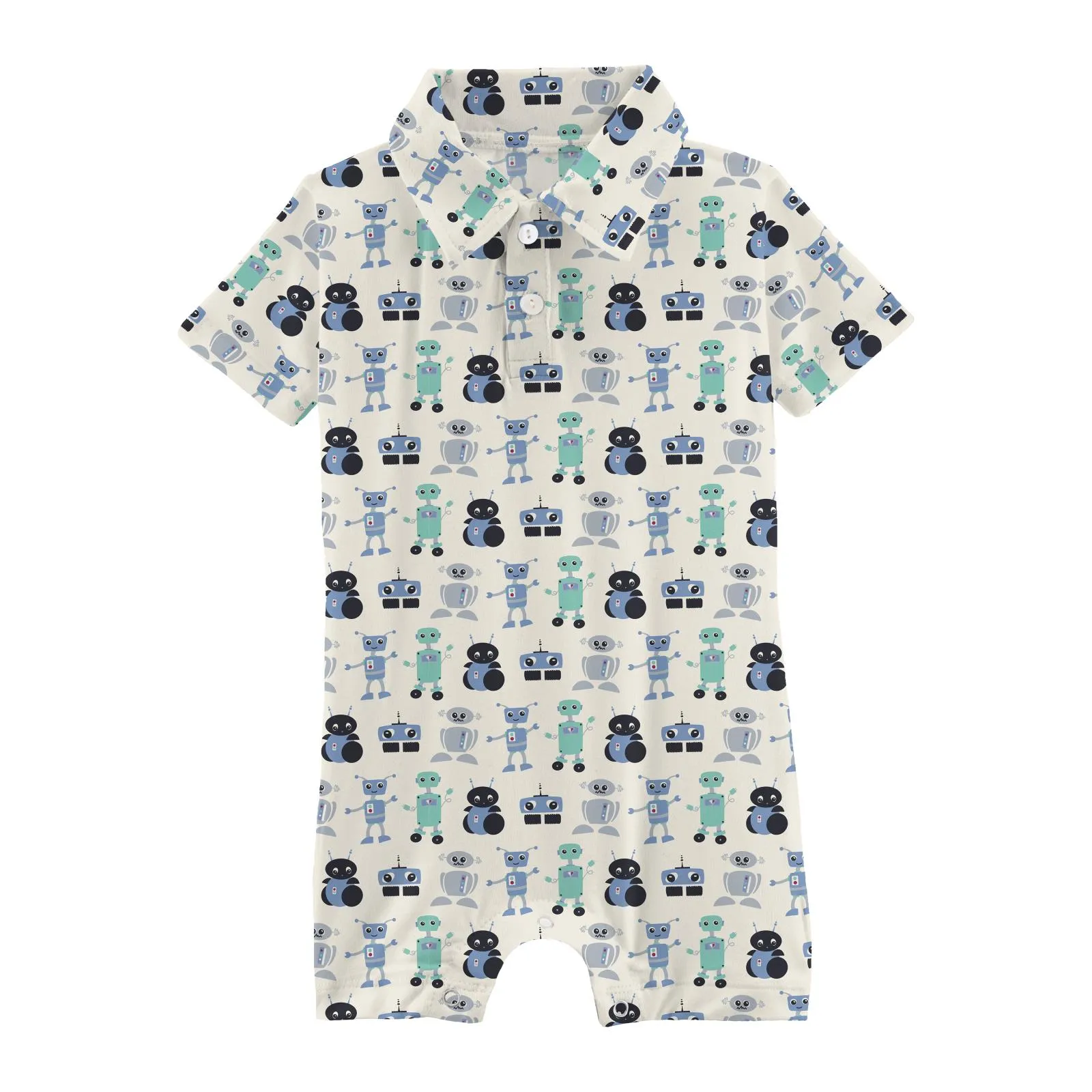 Short Sleeve Polo Romper - Natural Robots