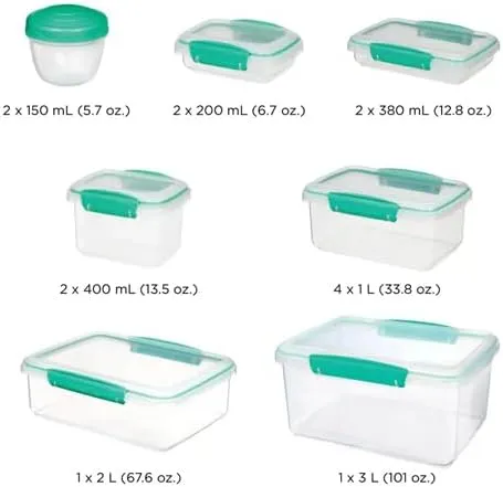 Sistema 28 Piece Food Storage Container Set - BPA Free, Flexible Seal & Easy Locking Clips - Teal