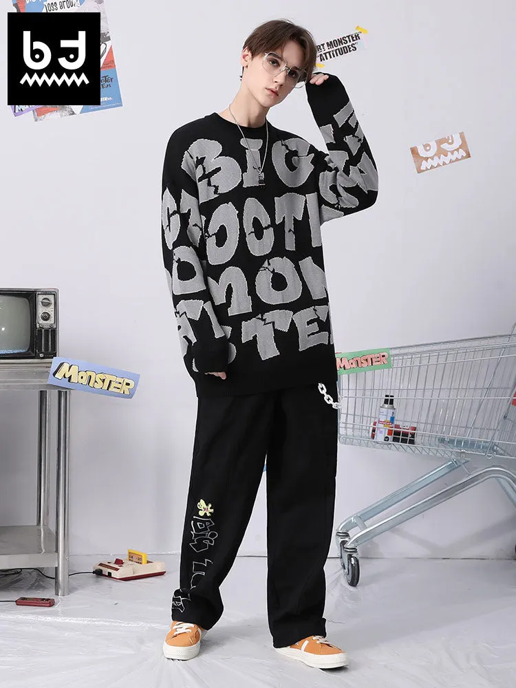 Street hip-hop graffiti alphabet jacquard round neck drop cuff pullover sweater