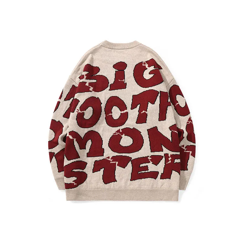 Street hip-hop graffiti alphabet jacquard round neck drop cuff pullover sweater