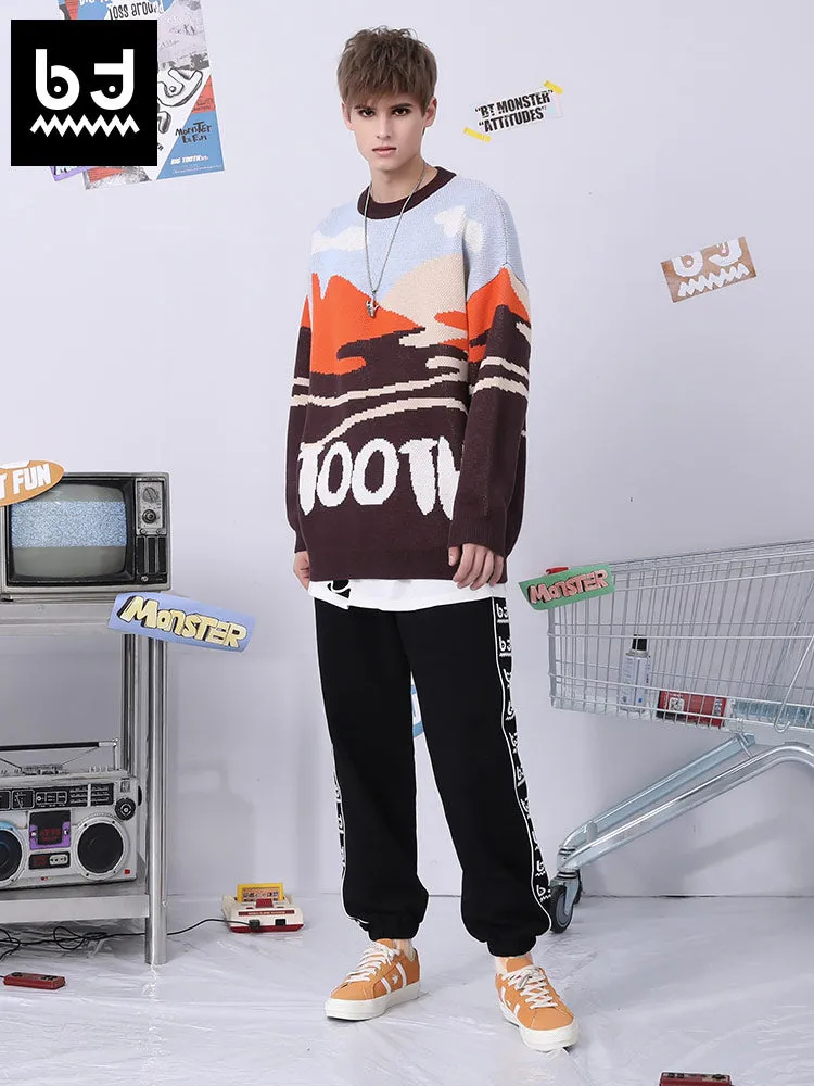 Street-style graffiti alphabet jacquard round-neck sleeved pullover sweater