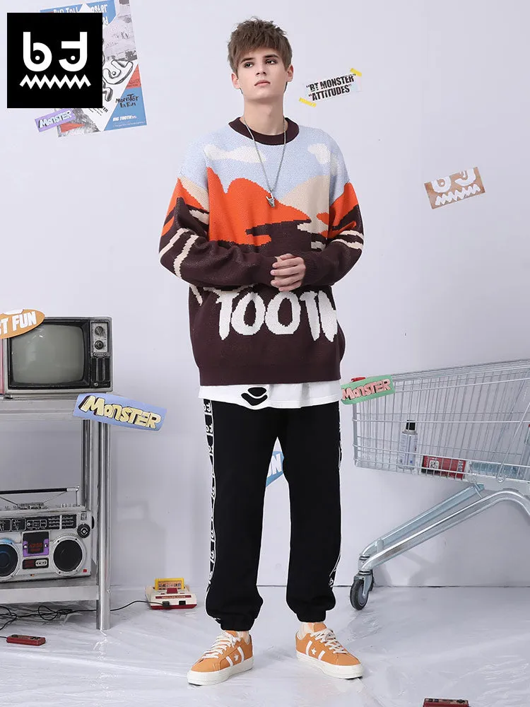 Street-style graffiti alphabet jacquard round-neck sleeved pullover sweater