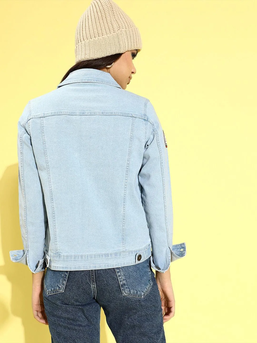 Style Quotient Women Blue Washed Cotton Patchwork Denim Trucker Jacket