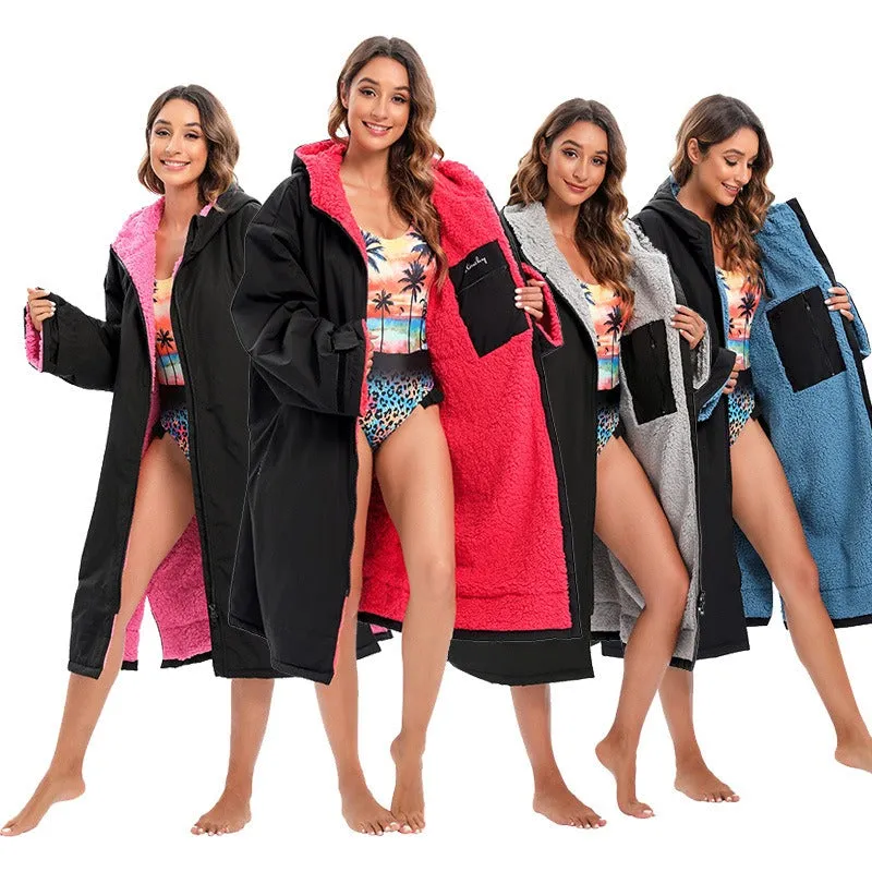 Warm Waterproof Swim Parka Oversized Hooded Robe Sherpa Liner Swimming Coat Dry Robe Surf One Size Poncho