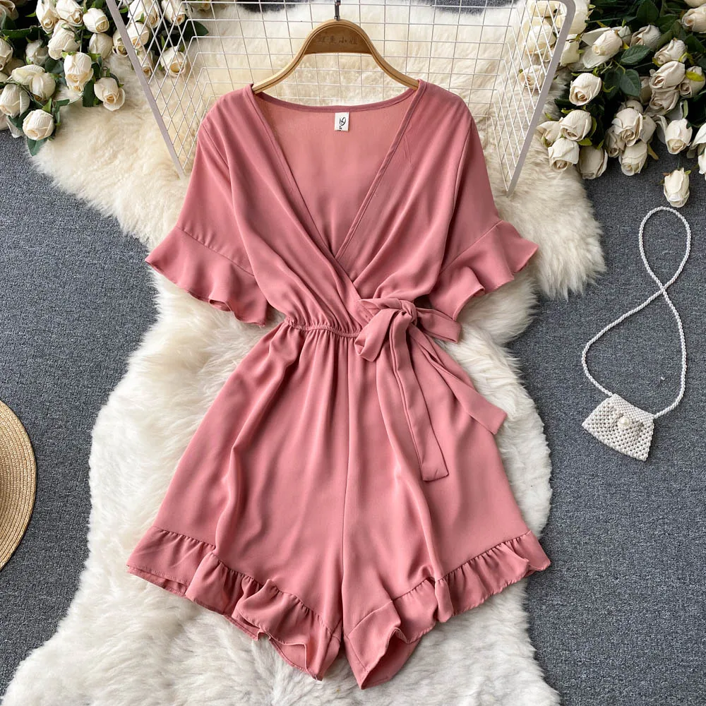 Women Rompers Flared Sleeve Solid Ruffle Wide Leg Short Jumpsuits