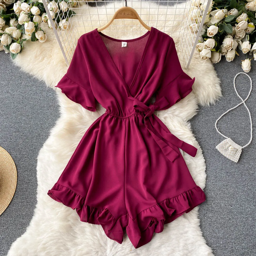 Women Rompers Flared Sleeve Solid Ruffle Wide Leg Short Jumpsuits