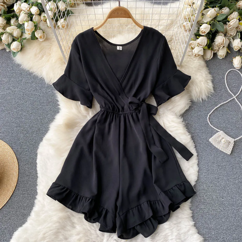 Women Rompers Flared Sleeve Solid Ruffle Wide Leg Short Jumpsuits