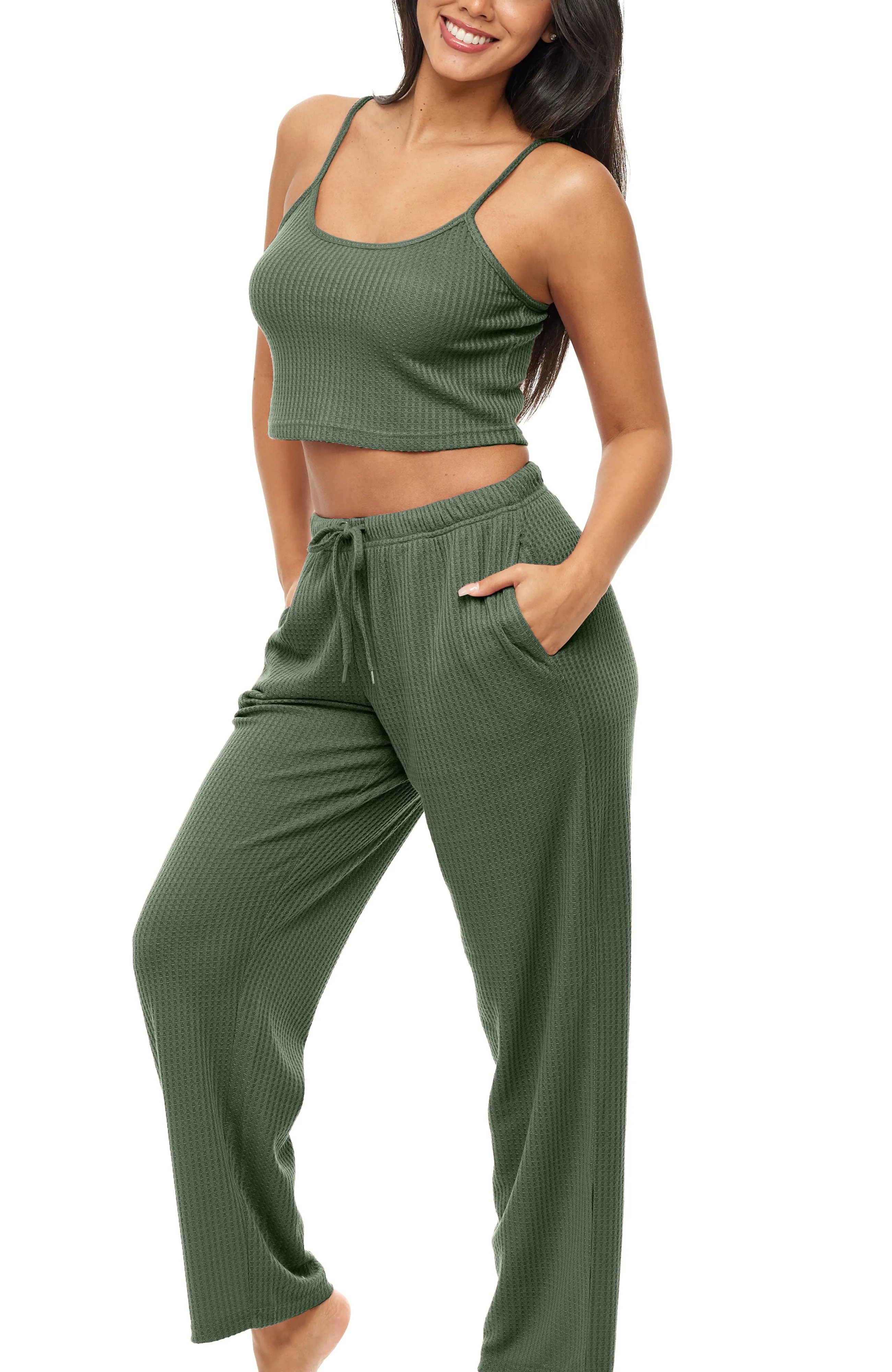 Women's Knit Pajamas Set with Pockets, Cami Top and Pajama Pants