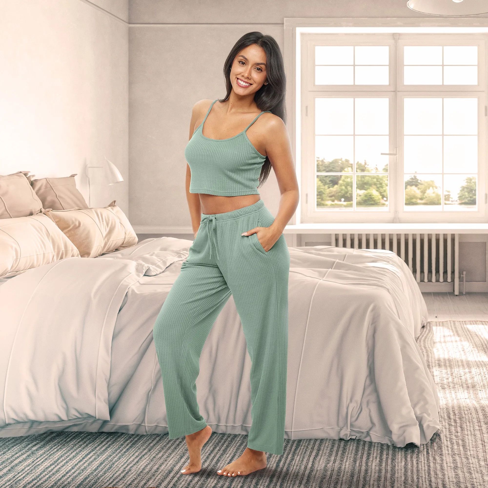 Women's Knit Pajamas Set with Pockets, Cami Top and Pajama Pants