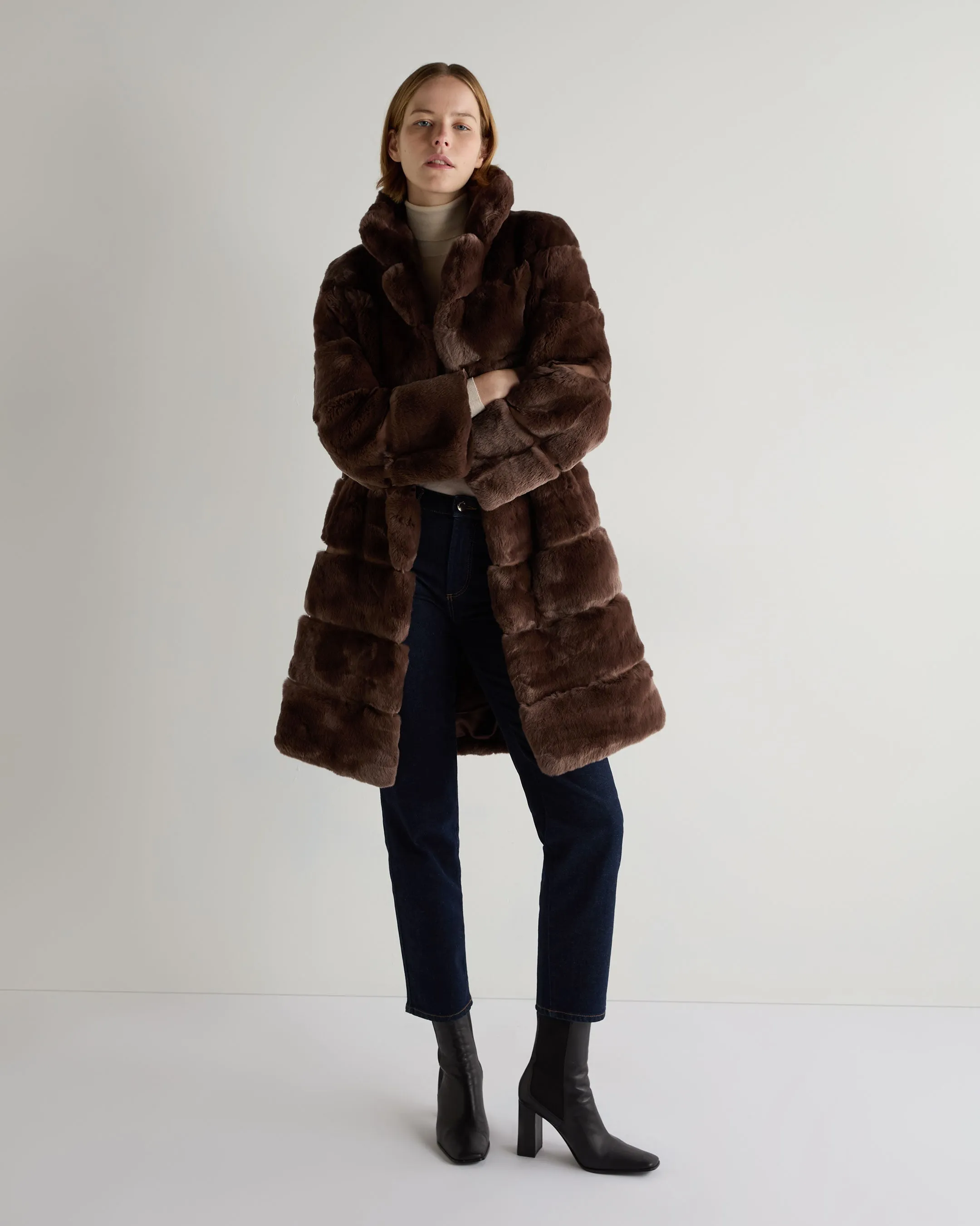 Women's Long Rex Rabbit Coat Chocolate Brown