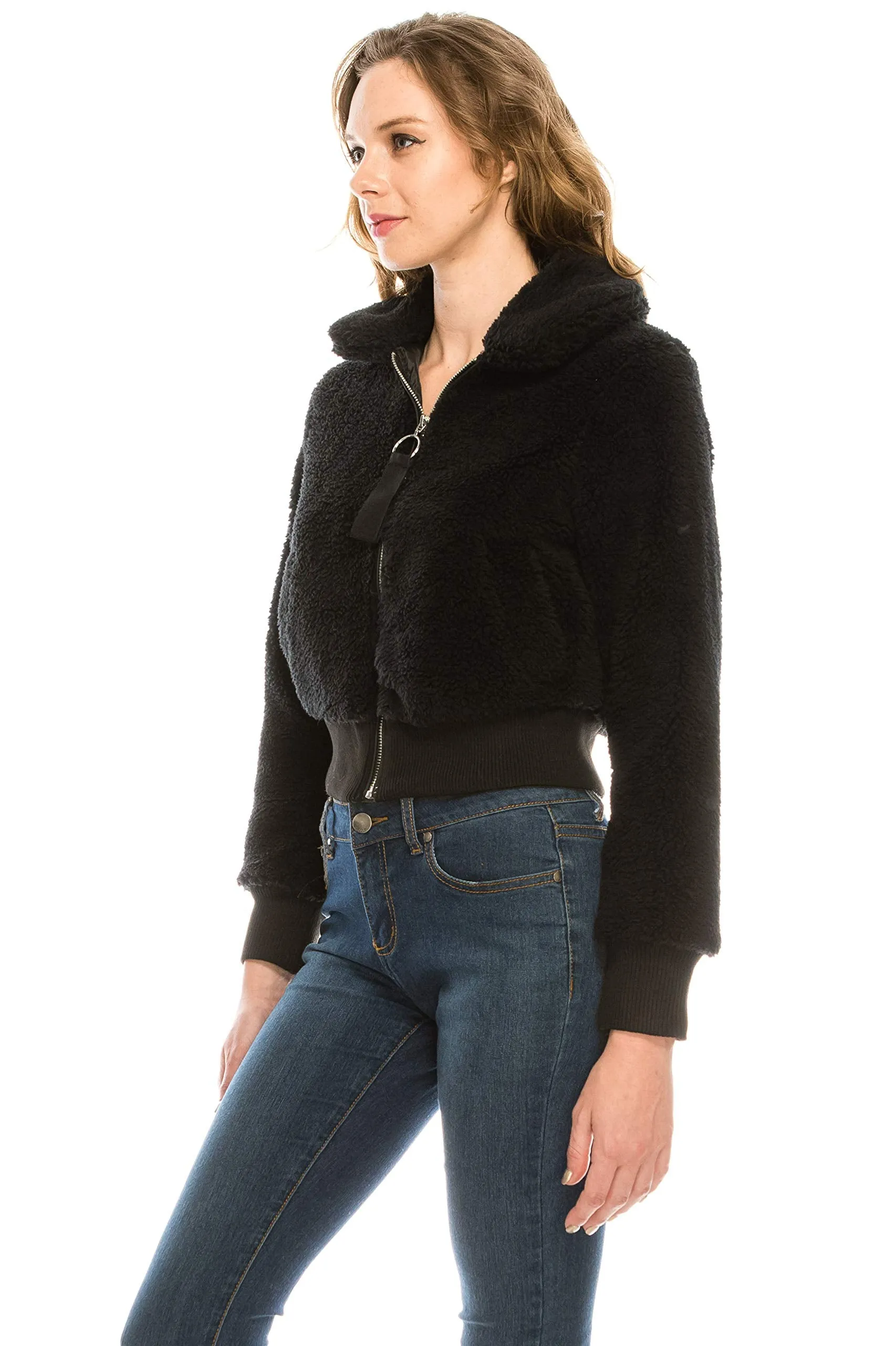 Women's Sherpa Faux Fur Coat Lapel Fleece Shearling Cropped Jacket