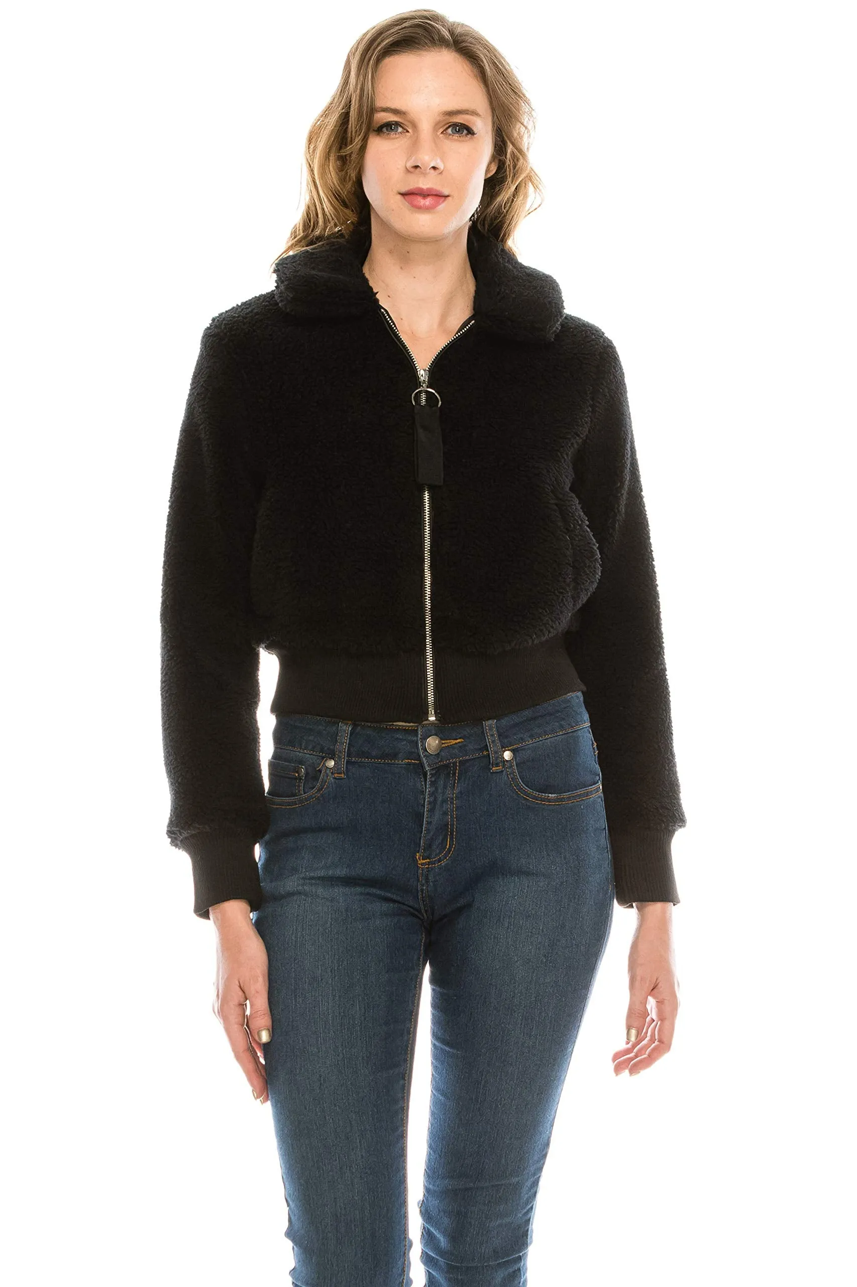 Women's Sherpa Faux Fur Coat Lapel Fleece Shearling Cropped Jacket