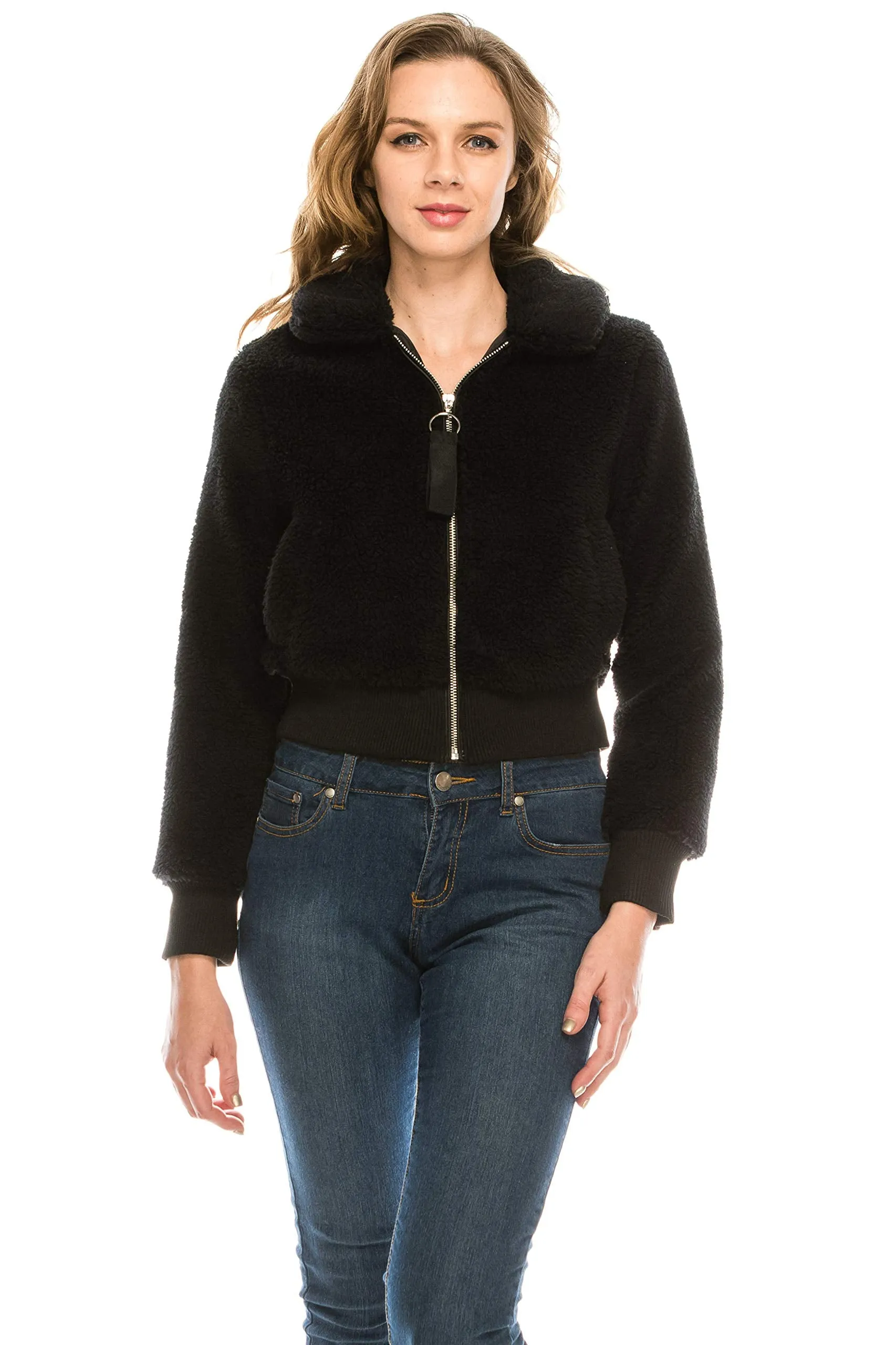 Women's Sherpa Faux Fur Coat Lapel Fleece Shearling Cropped Jacket