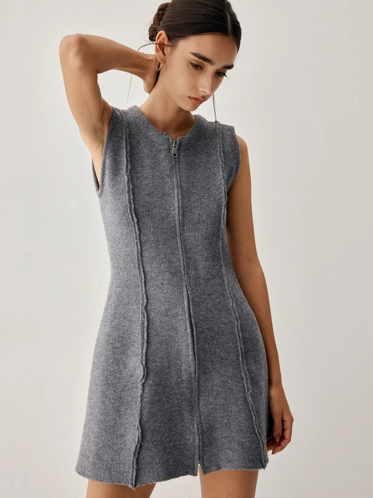 Zip Down Piping Trendy Short Sweater Dress