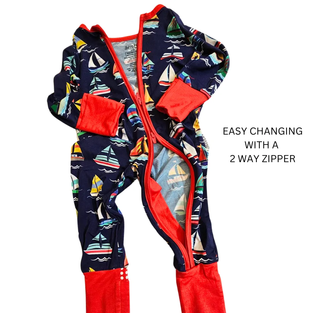 Zipper Romper  Onsie Happy Sailing Soft  Bamboo Navy with colors Toddler