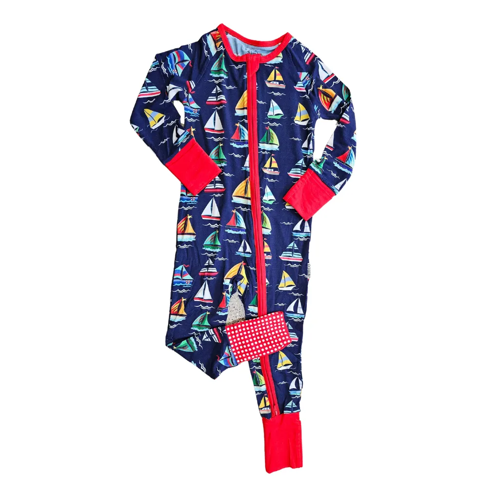 Zipper Romper  Onsie Happy Sailing Soft  Bamboo Navy with colors Toddler